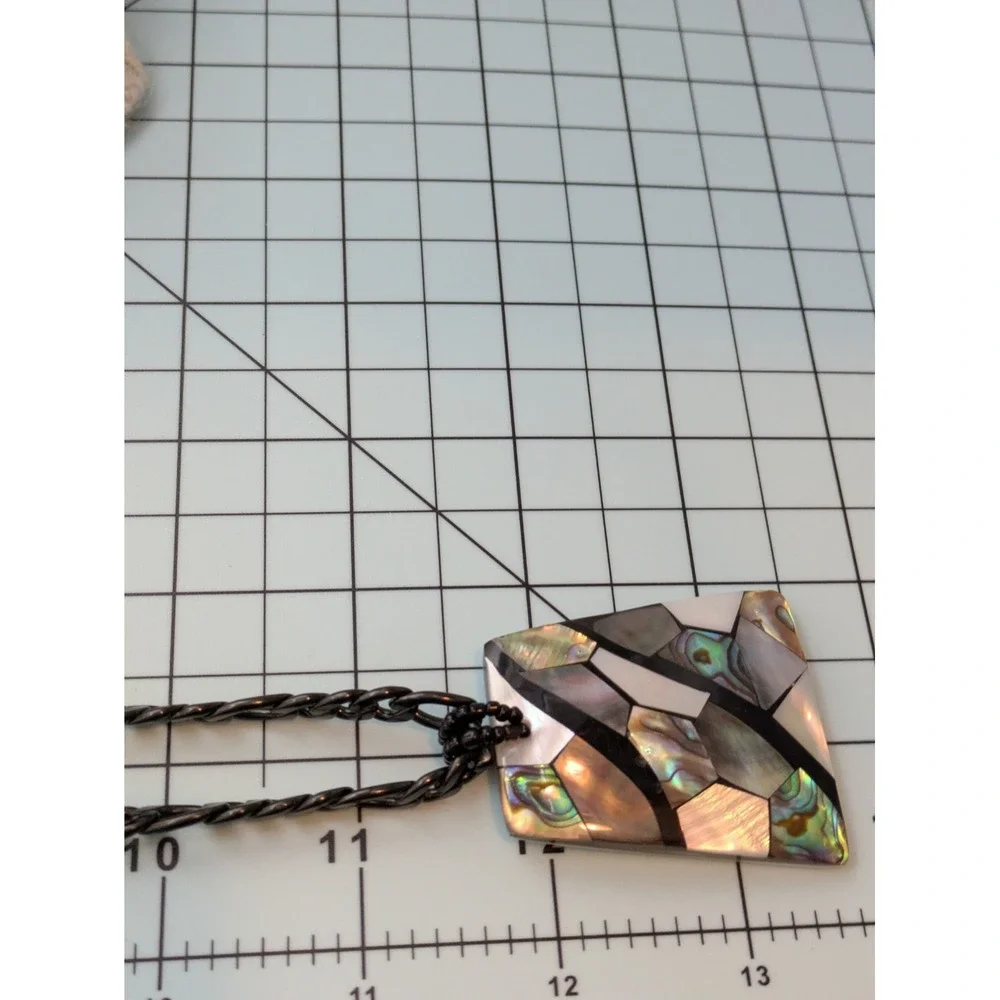 Abstract Mother Of Pearl Pendant Necklace Mosaic Style Artsy Artisan Black Chain